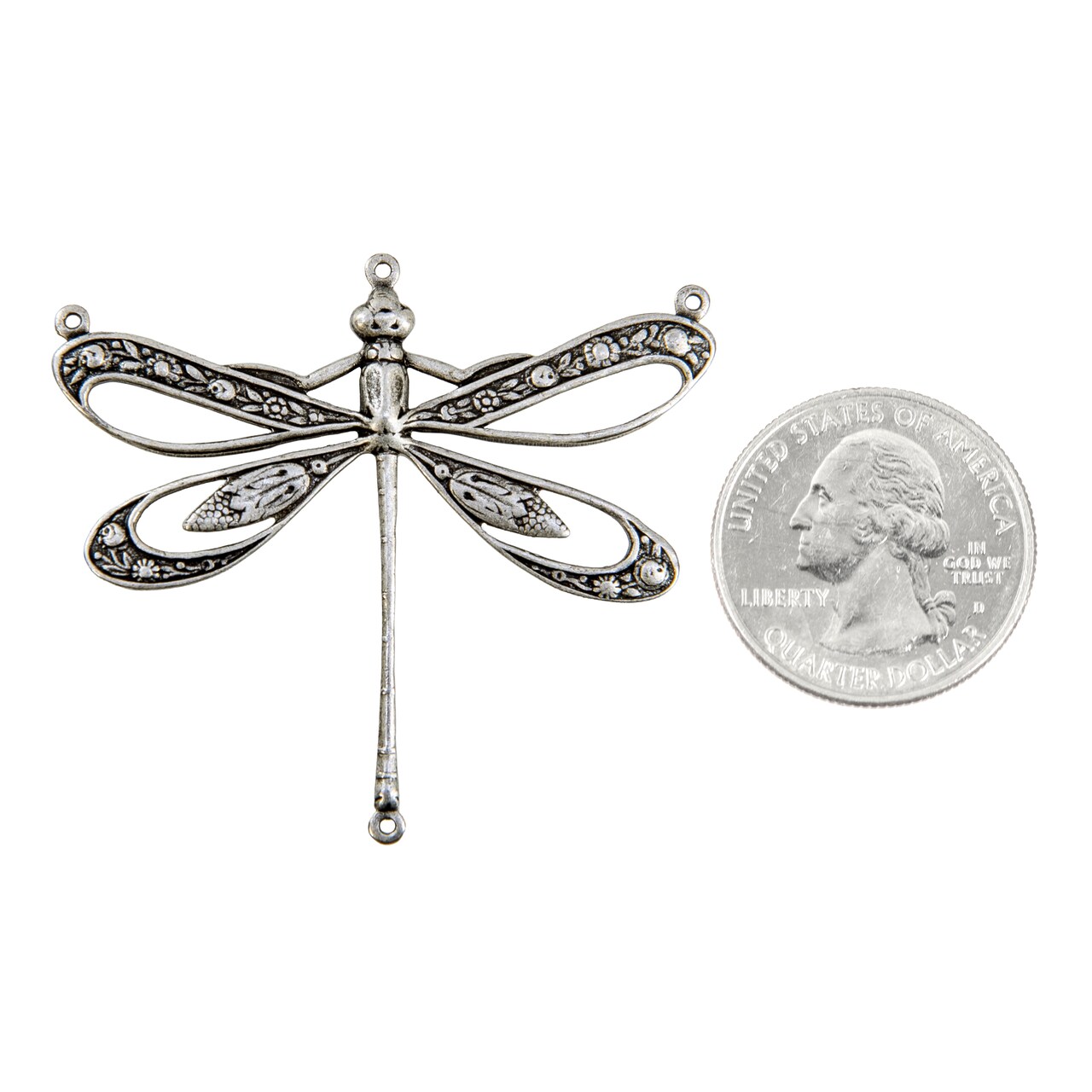 Antiqued Silver Plated Brass Vintage Dragonfly Pendant with Cut-Out Wings and Four Rings - One - S-P107